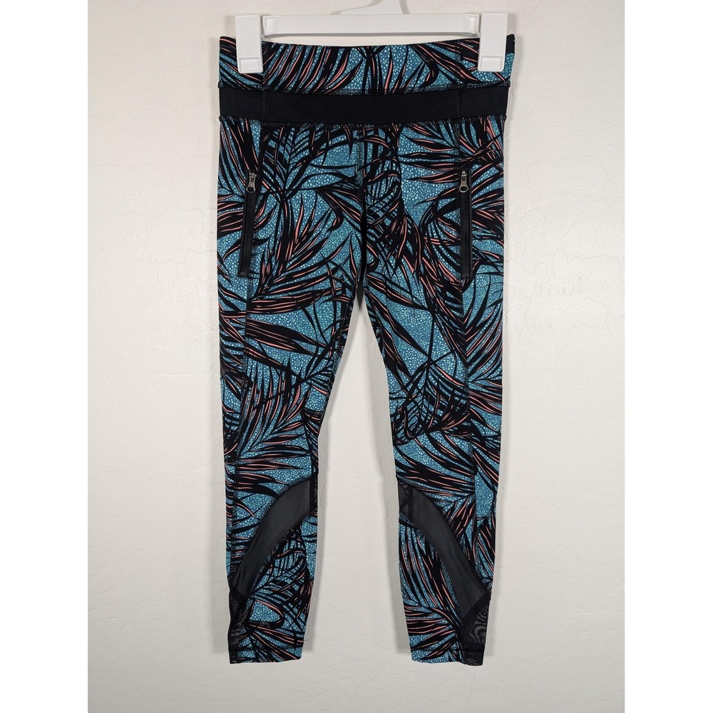 Lululemon Pants Womens 4 Blue Leaf Pattern Mesh Panel Leggings Zipper‎ Pockets